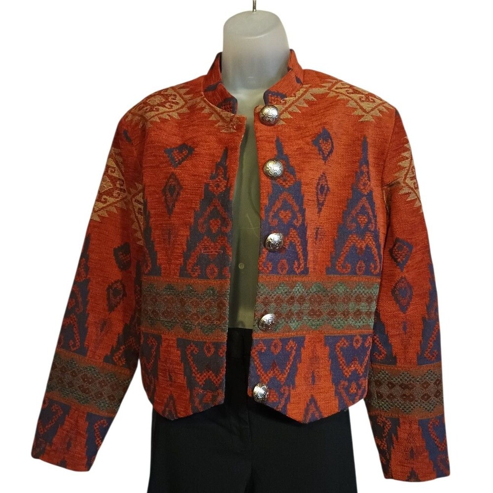 Studio West Aztec Tapestry Jacket L Button Front Collared Maroon Blue Lined Vntg